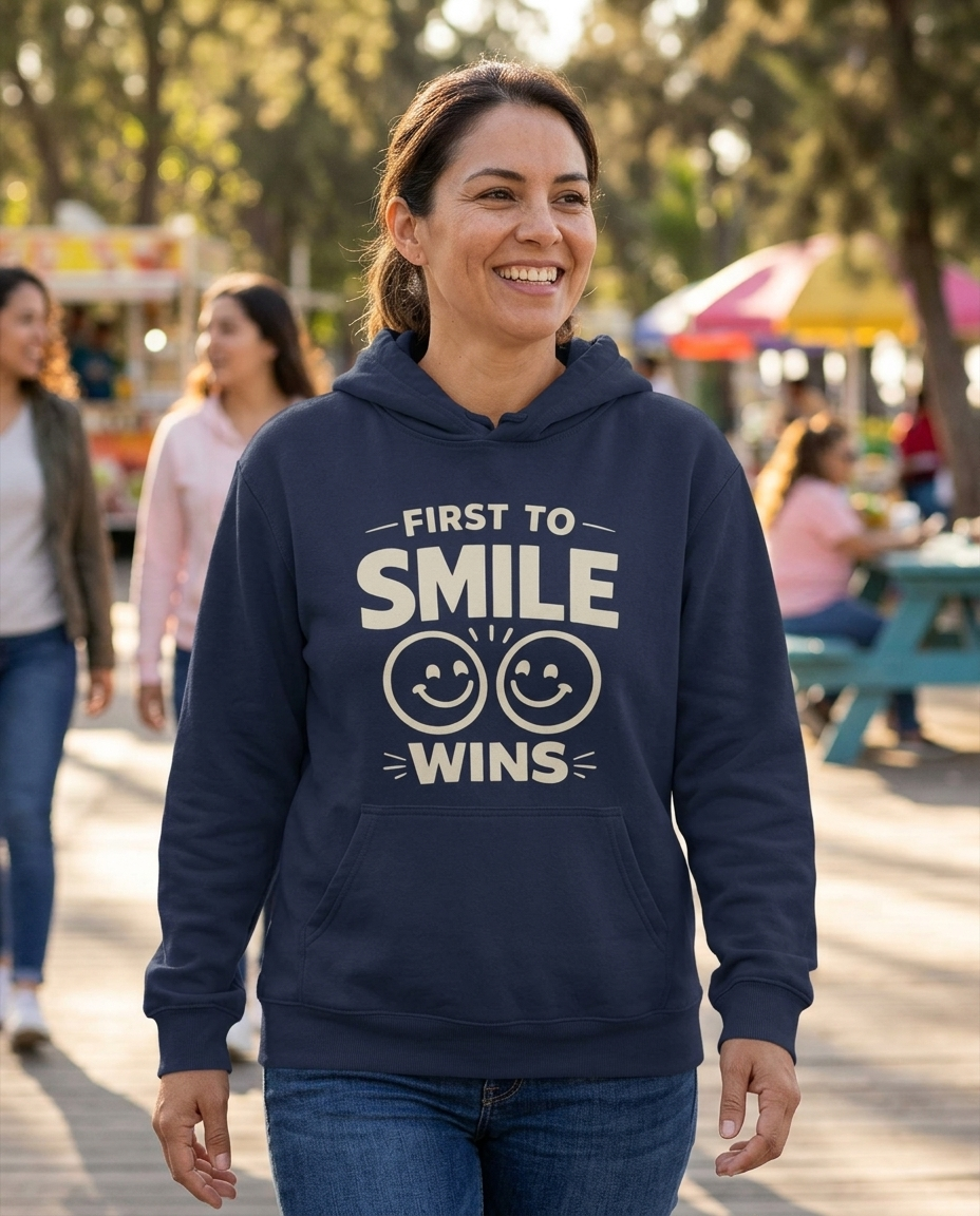 First to Smile Wins Adult Hoodie - Dark Colors