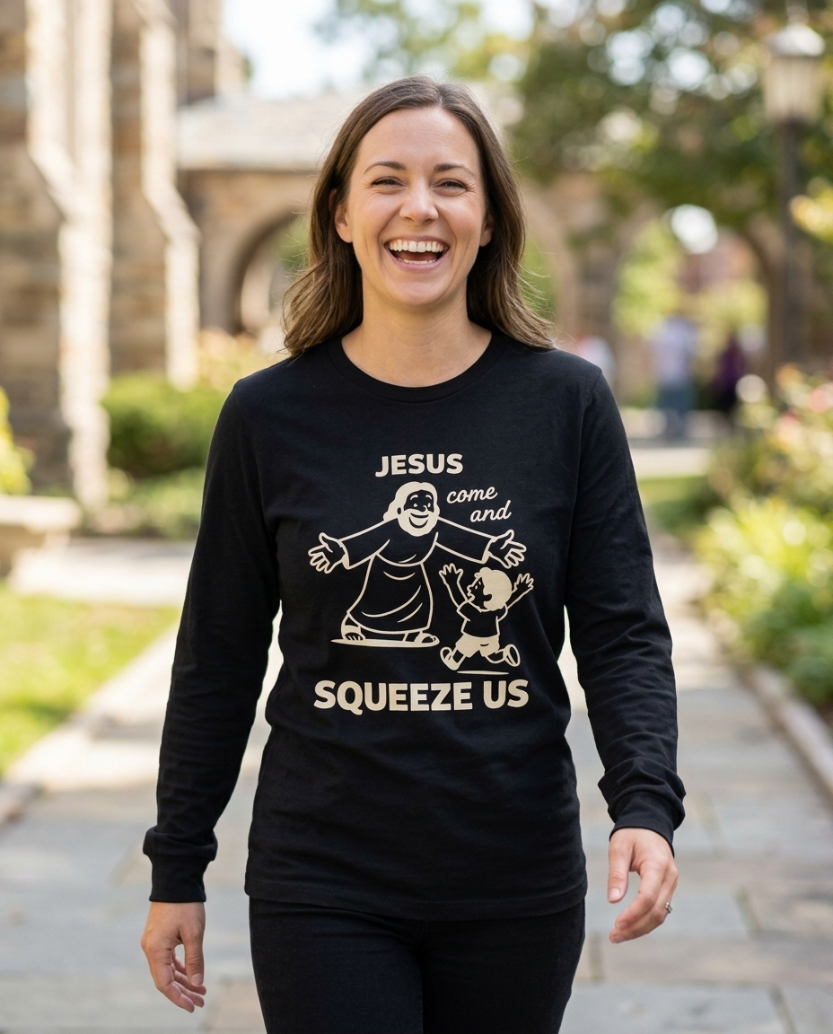 Jesus Come and Squeeze Us Adult Long Sleeve Tee - Dark Colors