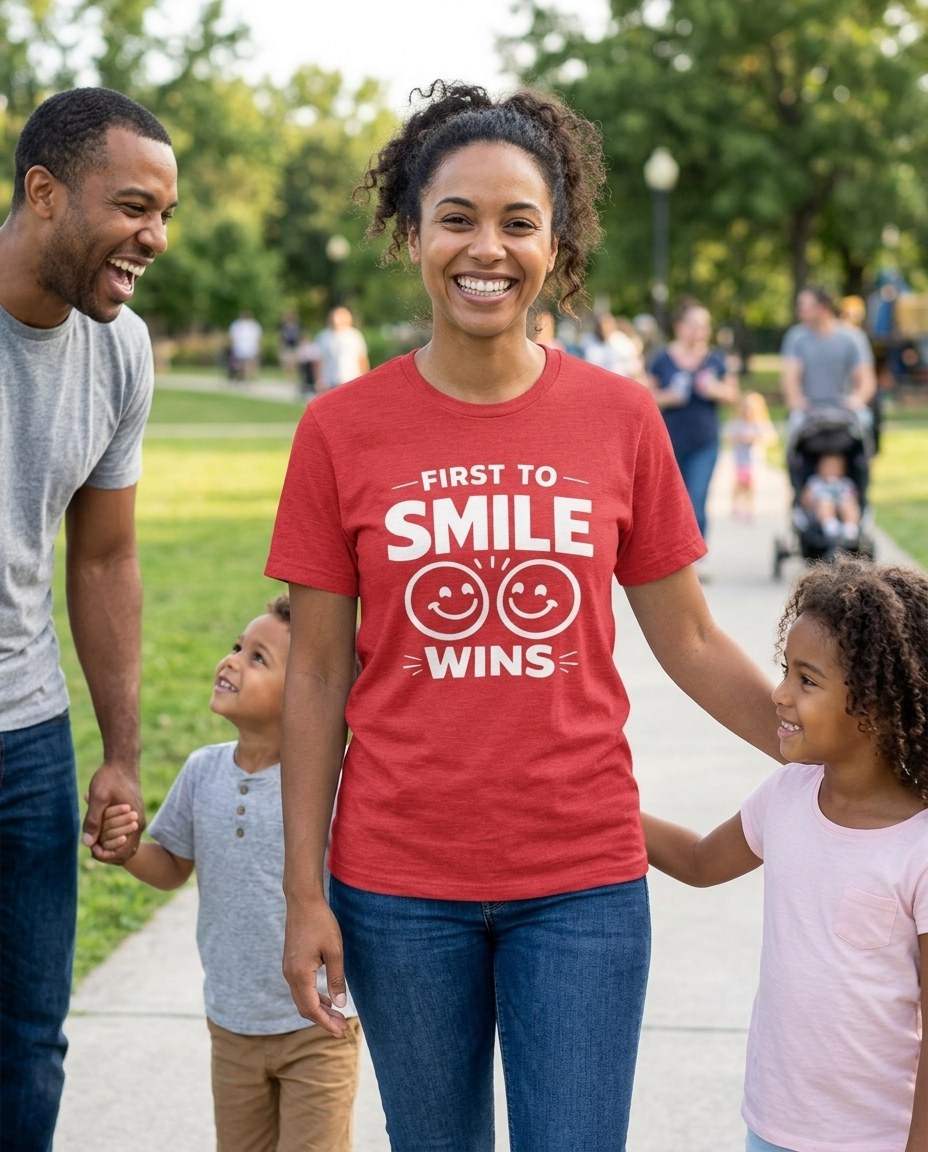 First to Smile Wins Adult Tee - Bright Colors