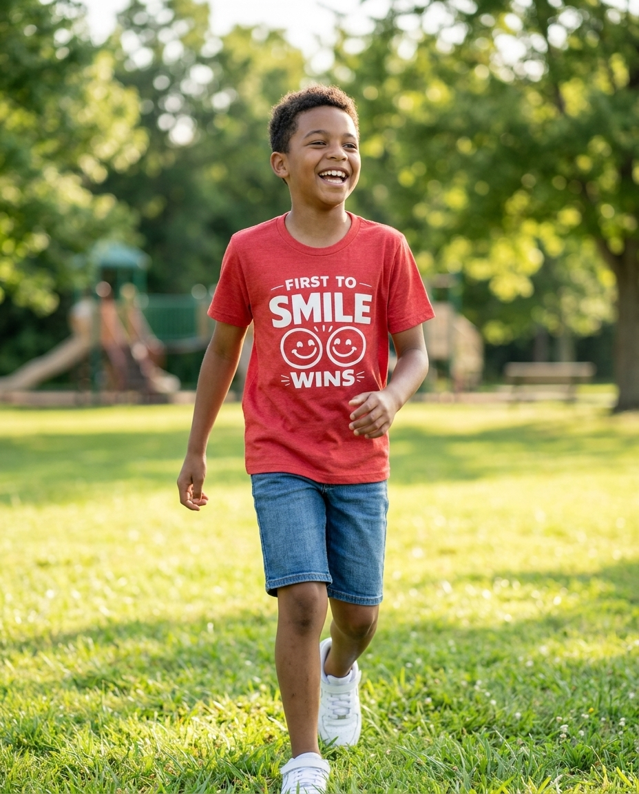 First to Smile Wins Youth Tee - Bright Colors