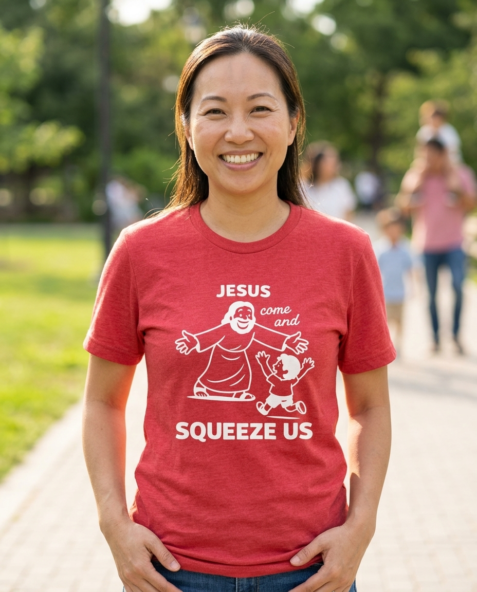 Jesus Come and Squeeze Us Adult Tee - Bright Colors