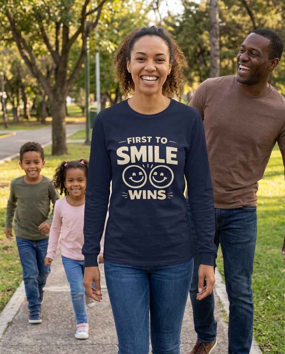 First to Smile Wins Adult Long Sleeve Tee - Dark Colors