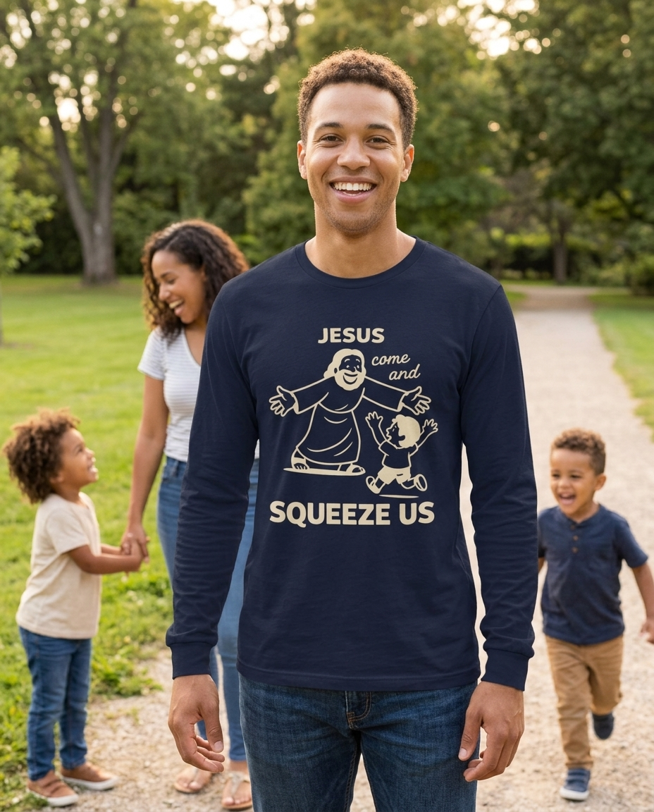 Jesus Come and Squeeze Us Adult Long Sleeve Tee - Dark Colors