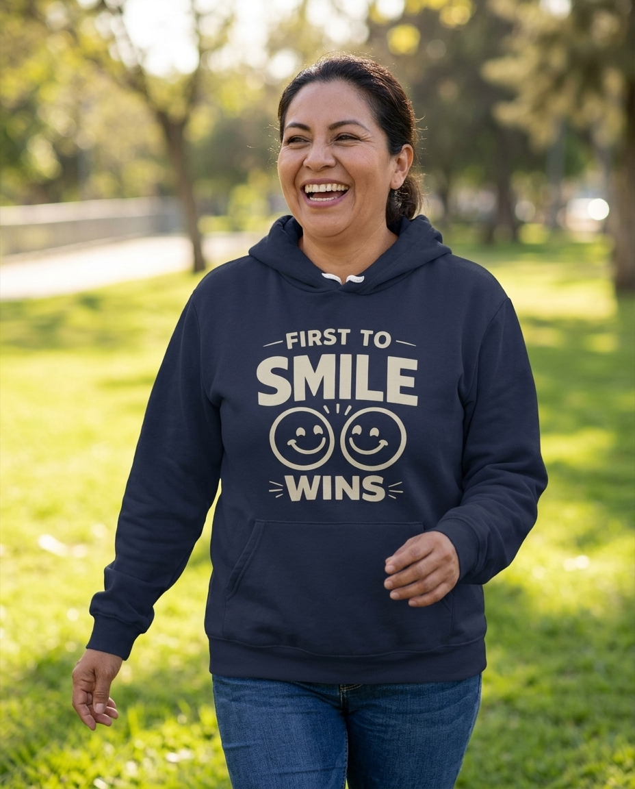 First to Smile Wins Adult Hoodie - Dark Colors