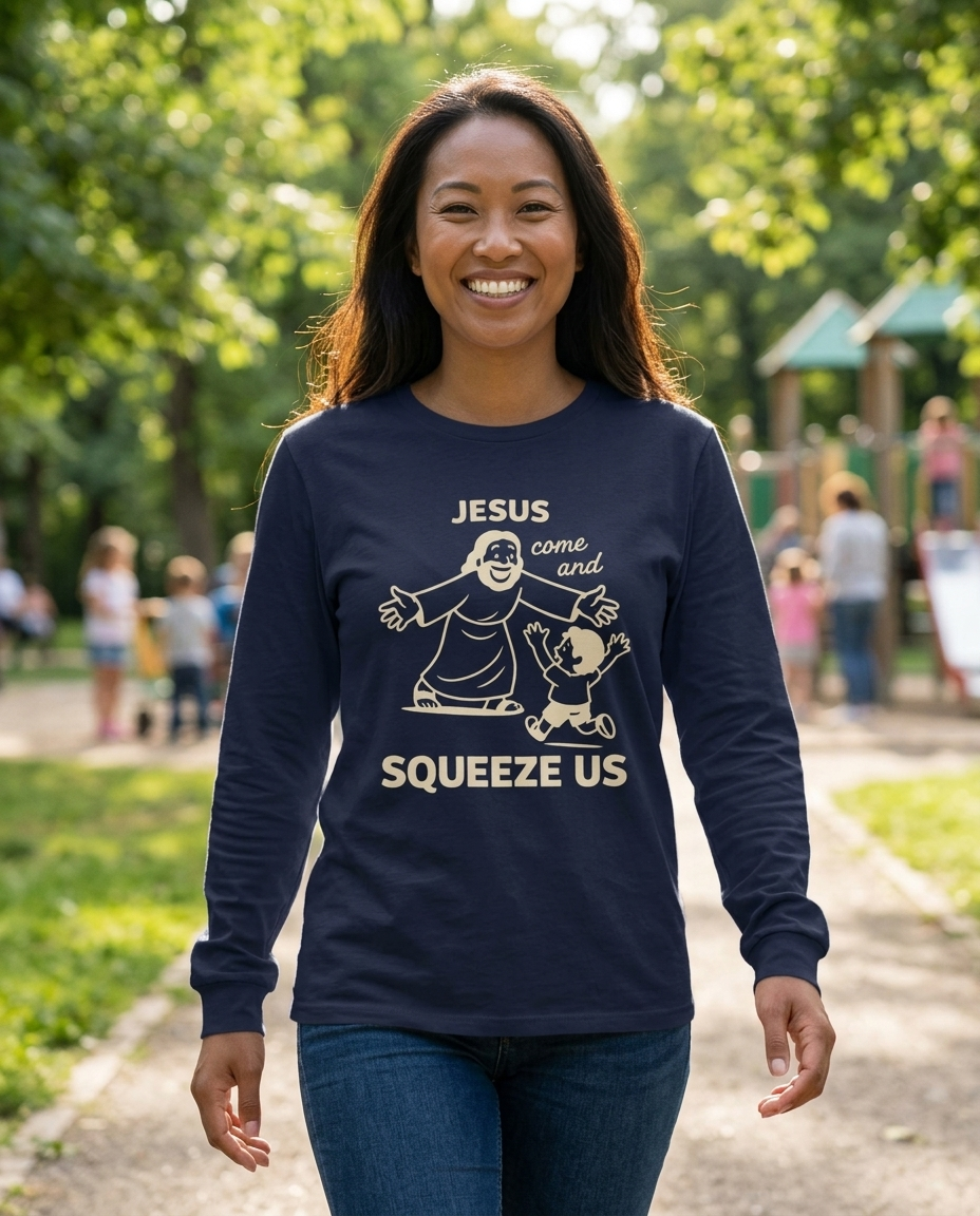 Jesus Come and Squeeze Us Adult Long Sleeve Tee - Dark Colors